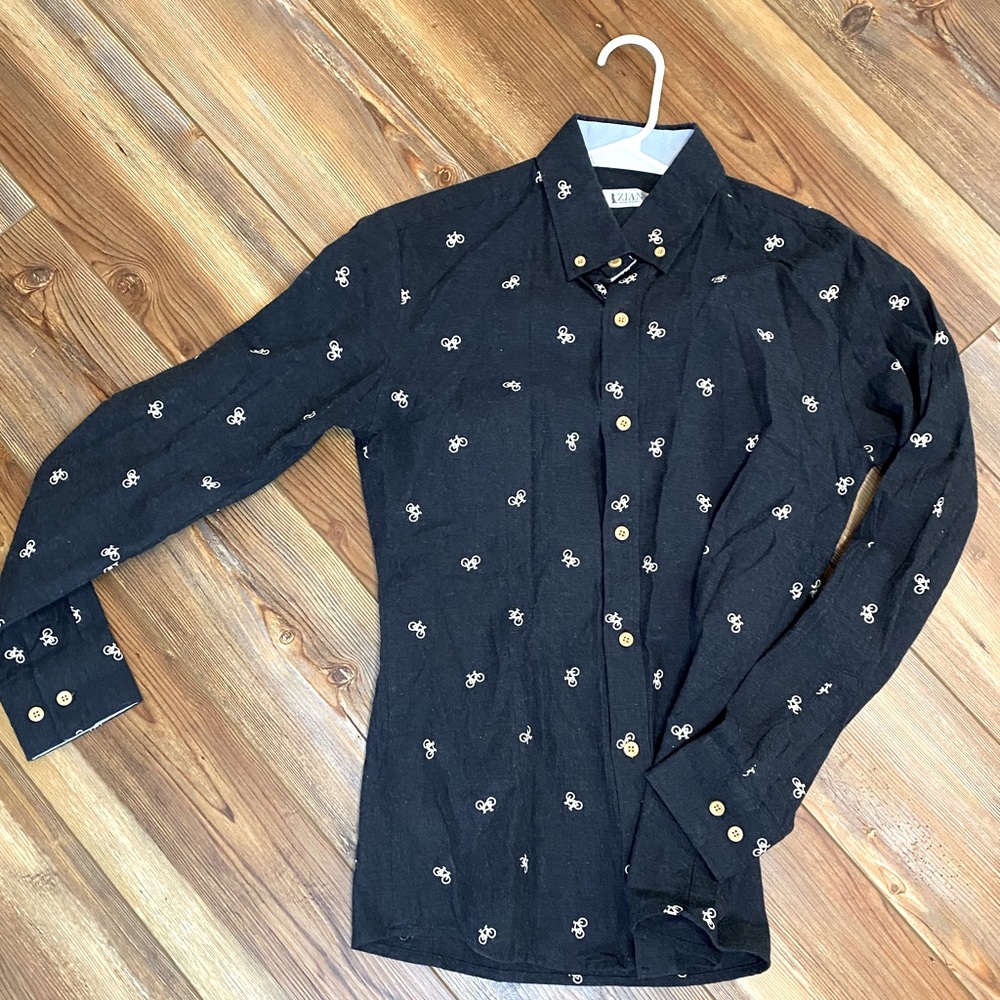 Dark blue button down with embroidered bikes